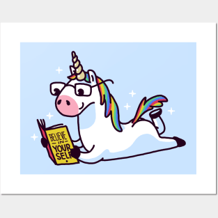 Unicorn Believe in Yourself Reading Book Posters and Art